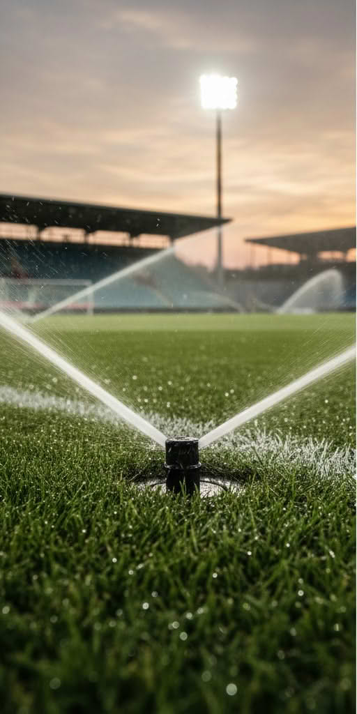 Detailaufnahme eines bündig versenkten Getrieberegners auf einem Sportrasen für maximale Spielersicherheit und effiziente Bewässerung.