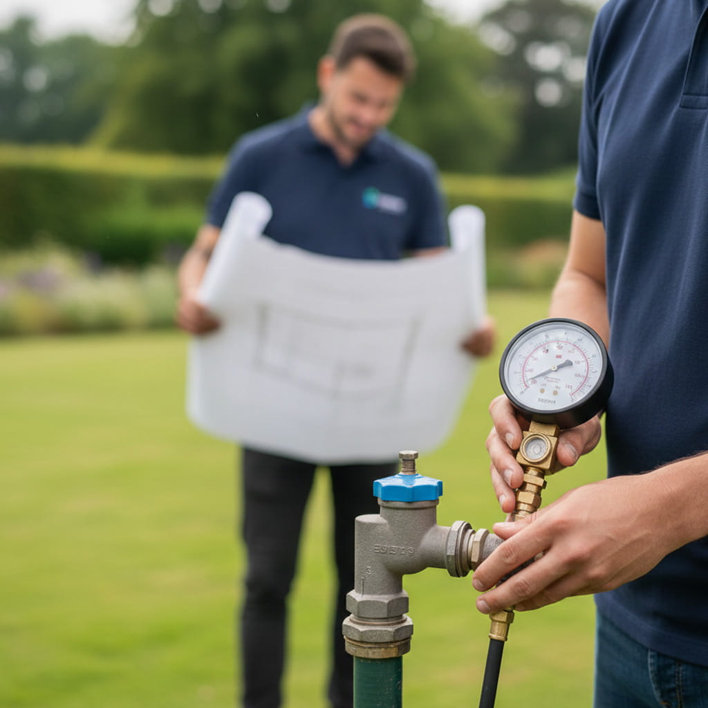 Fachgerechte Bedarfsanalyse und Messung des Fließdrucks mit einem Manometer zur hydraulischen Planung von Bewässerungsanlagen
